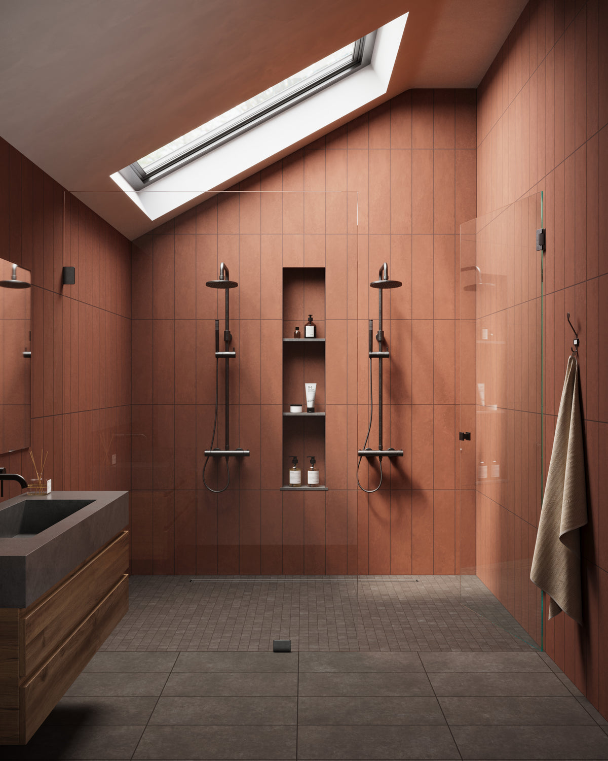 Luxurious shower space featuring earthy espresso 2x2 matte mosaic tiles paired with sleek espresso 12x24 matte tiles, enhanced by black fixtures and a skylight.