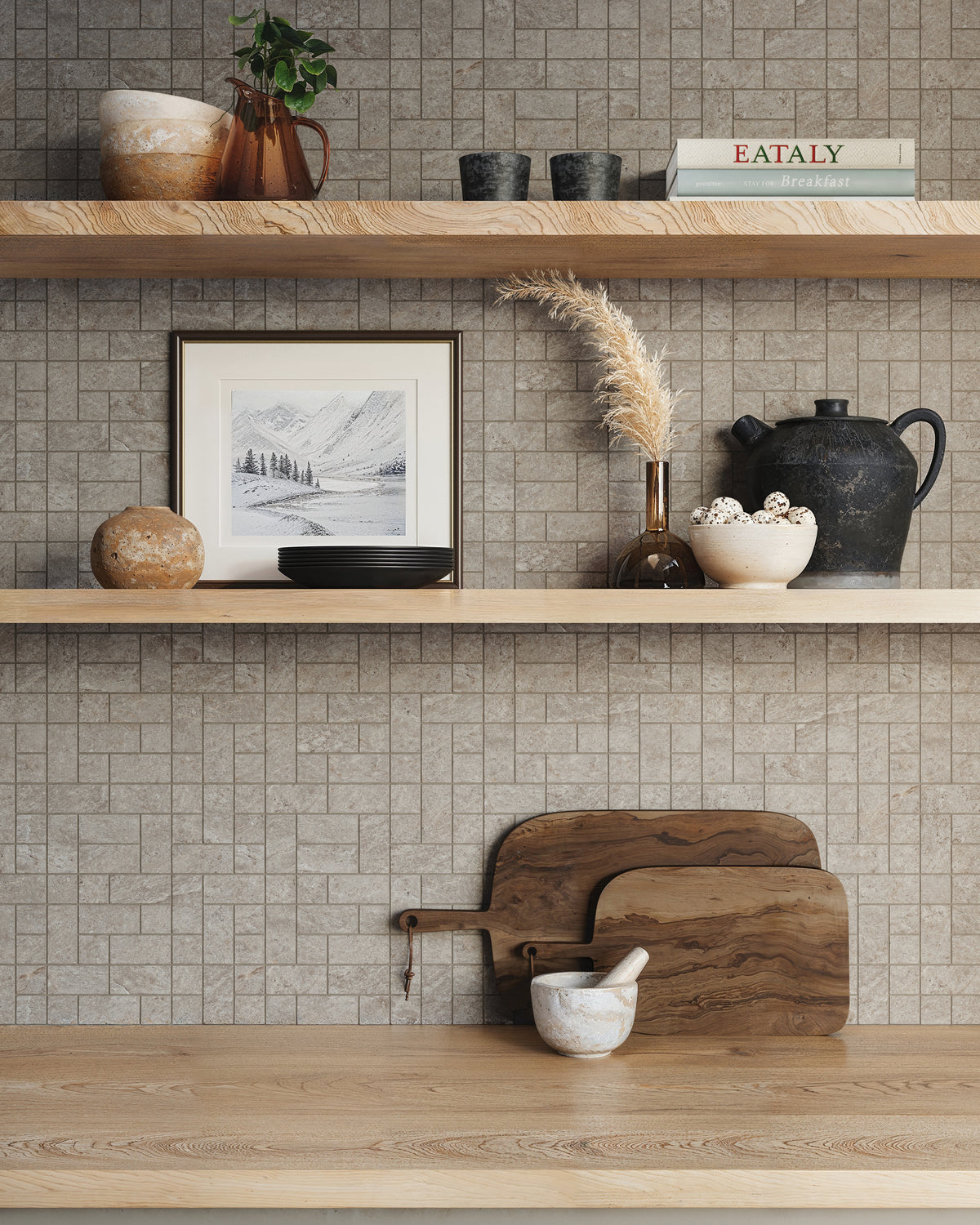 Kitchen shelves backed with Dawson 8.7x12 Matte Porcelain Tetris Mosaic Tile in Dune, creating a warm, textured accent wall.