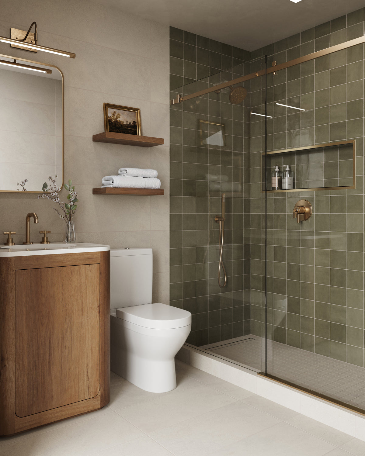 Elegant bathroom with a wooden vanity, gold fixtures, green tiled shower, and floating shelves for decor and storage.