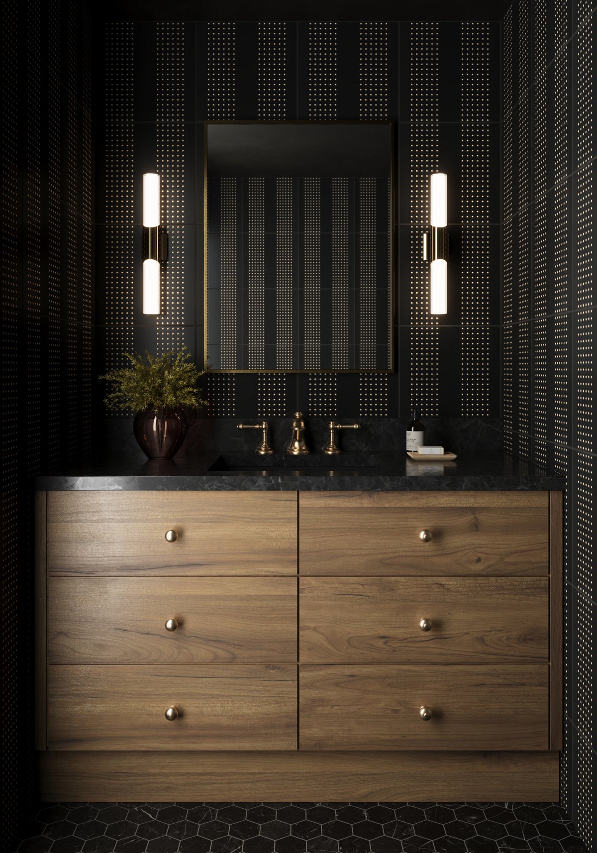 Contemporary bathroom featuring Kira Striped Dots Black 12x12 satin ceramic tiles, wooden vanity with brass hardware, and illuminated modern sconces