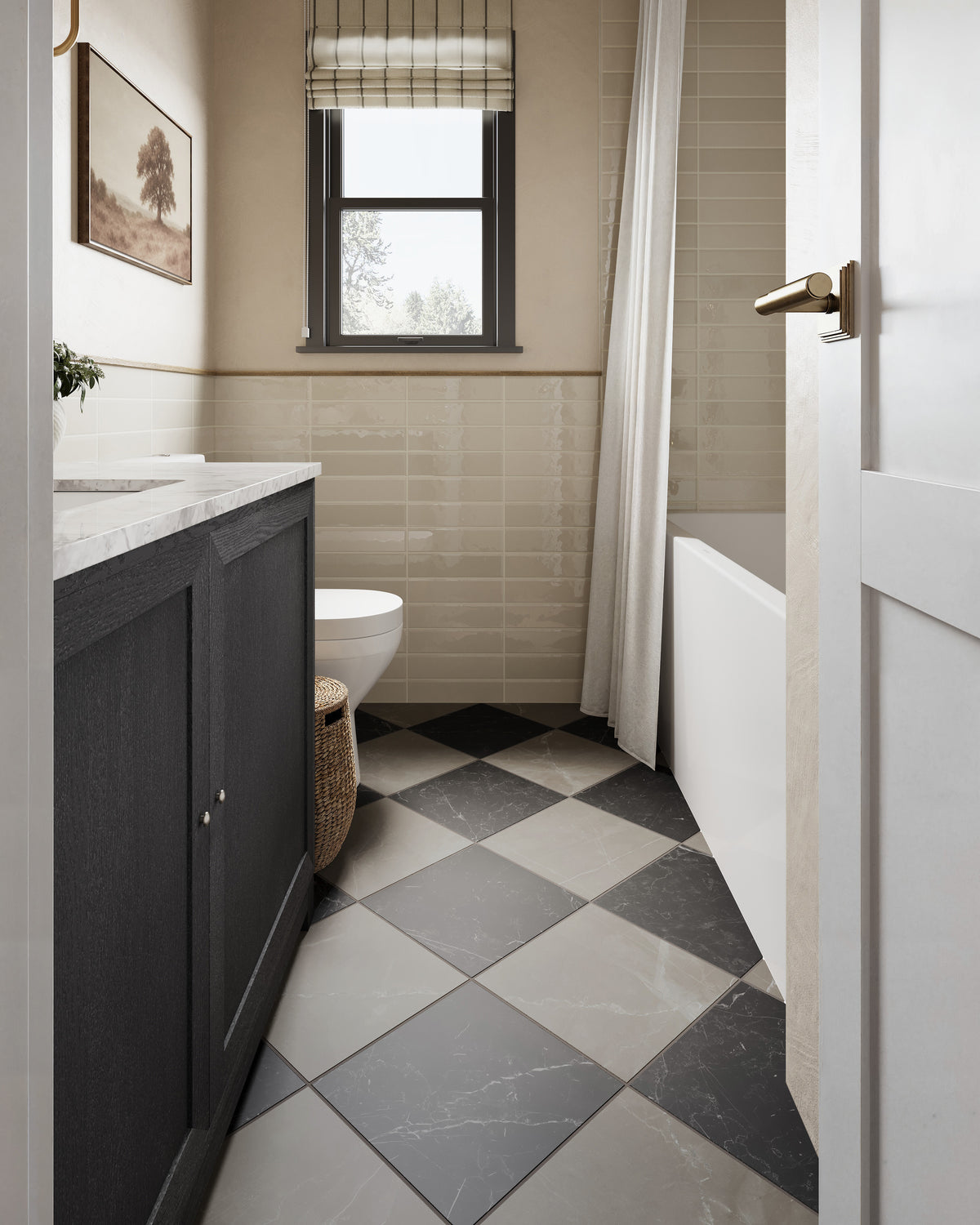 Leona 12 x 12 Checkerboard Matte Porcelain Tile in Amani Bronze and Nero Marquina