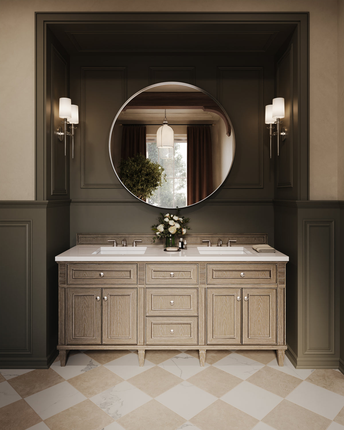 Elegant bathroom with wood double vanity, round mirror, polished nickel sconces, dark paneled walls, and checkered stone tile floor.