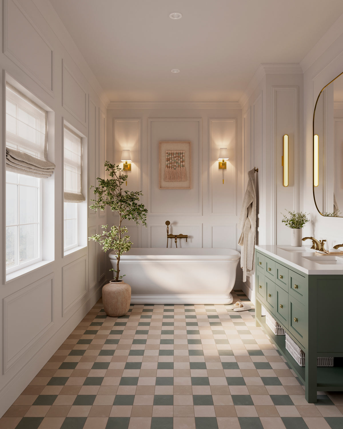 Soft green and beige checkerboard porcelain tiles anchor the bathroom floor, adding subtle contrast and a classic pattern that feels fresh, light, and inviting.