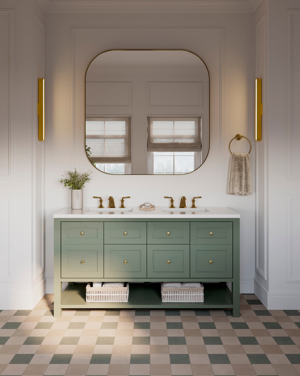 Bridgette 60" double vanity in Smokey Celadon with paneled drawers and round brass knobs, open lower shelf with storage baskets, and a 3 cm White Zeus quartz countertop with dual sinks and brass faucets, set beneath a large rounded mirror and slim vertical brass sconces.