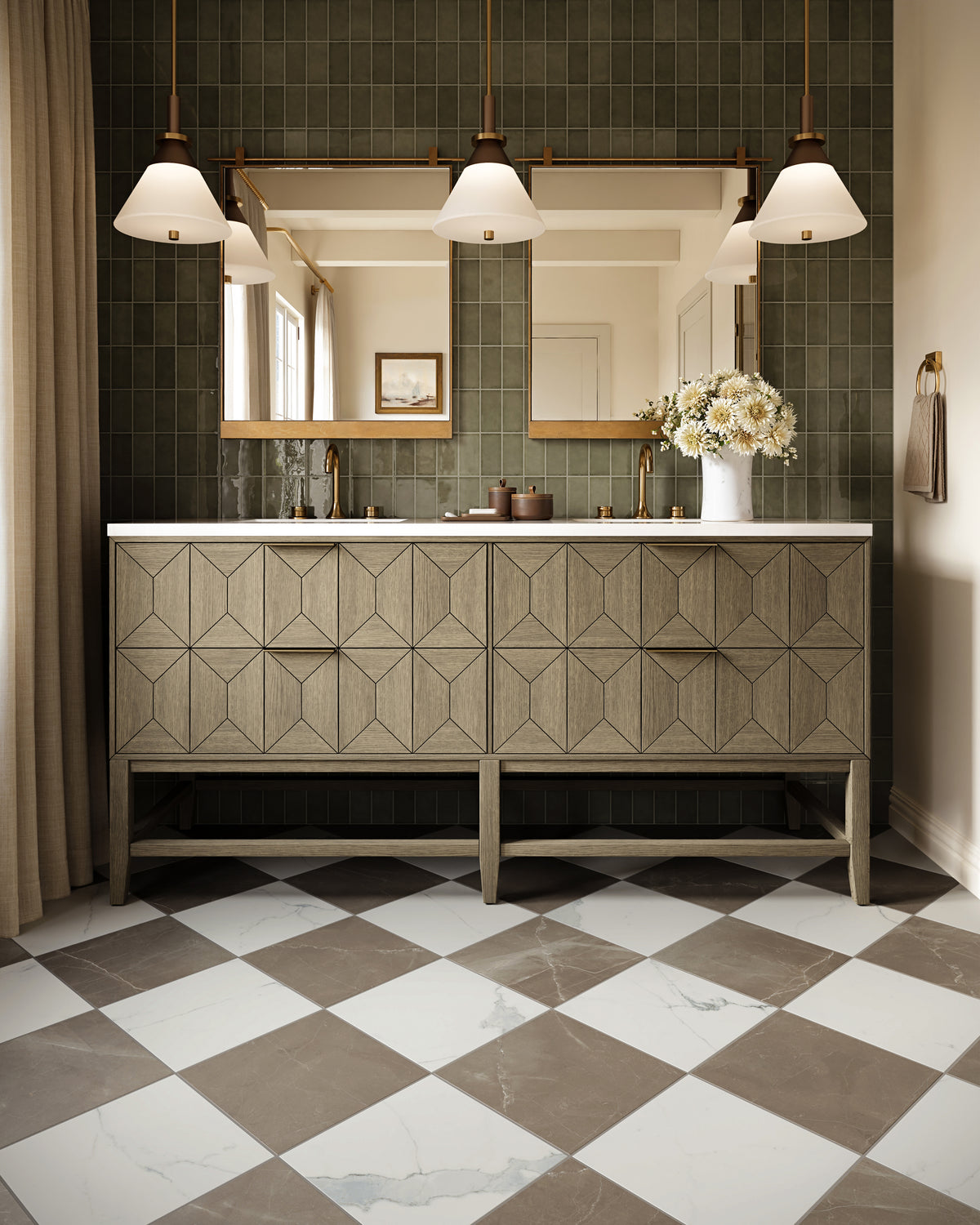 Serene bathroom with textured wood double vanity, brass mirrors and pendants, glossy green square wall tiles, and checkerboard floor.