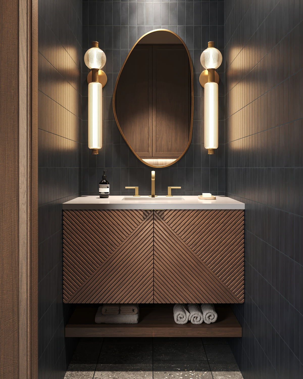 Floating 36" chestnut vanity with ribbed Acacia doors, white quartz sinktop, and open shelf, set in a sleek, modern bathroom.