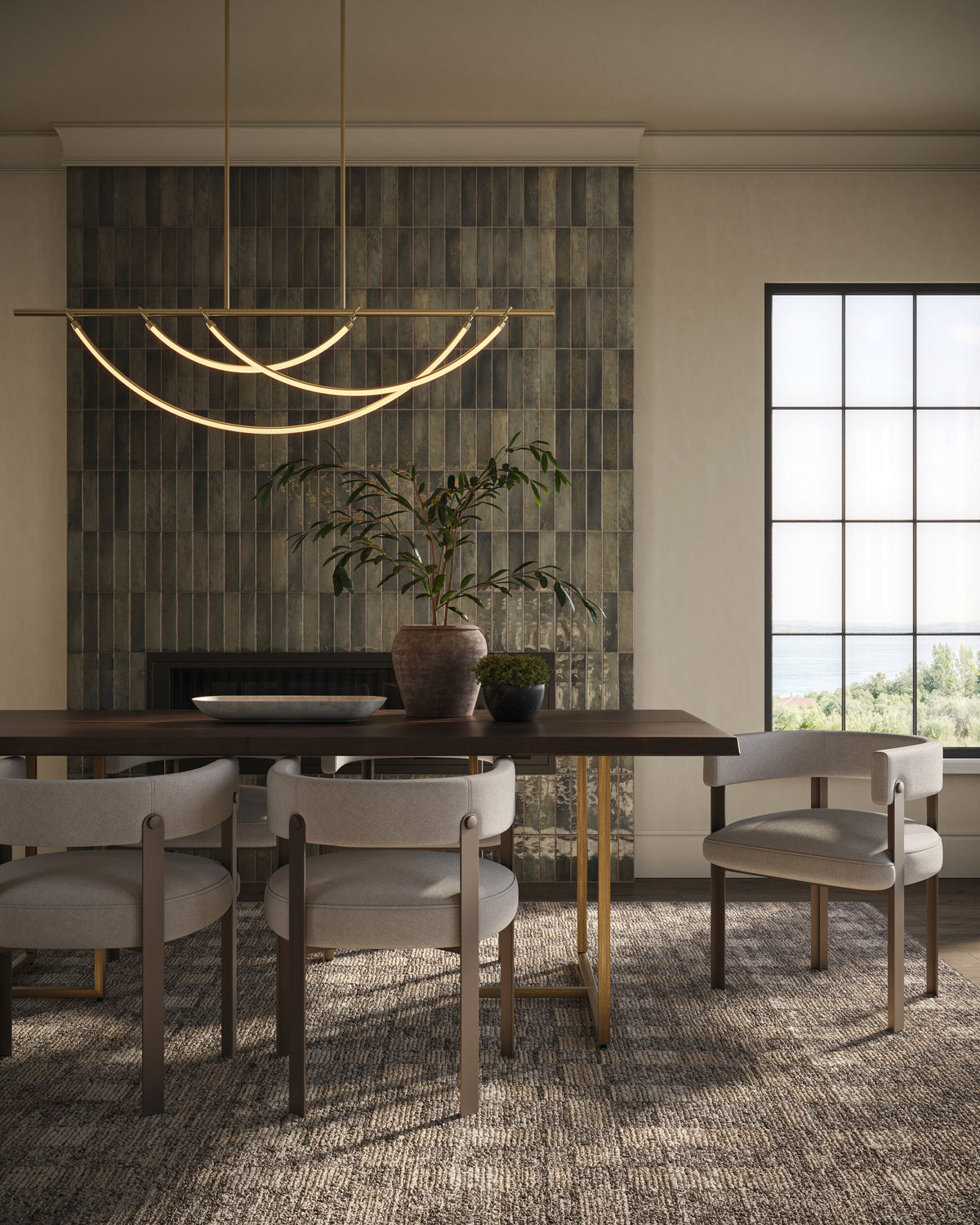 Vertical glazed subway tiles in dark grayish-brown tones create a refined dining room feature wall with boucle chairs, a wood table, sculptural lights, and a textured rug.