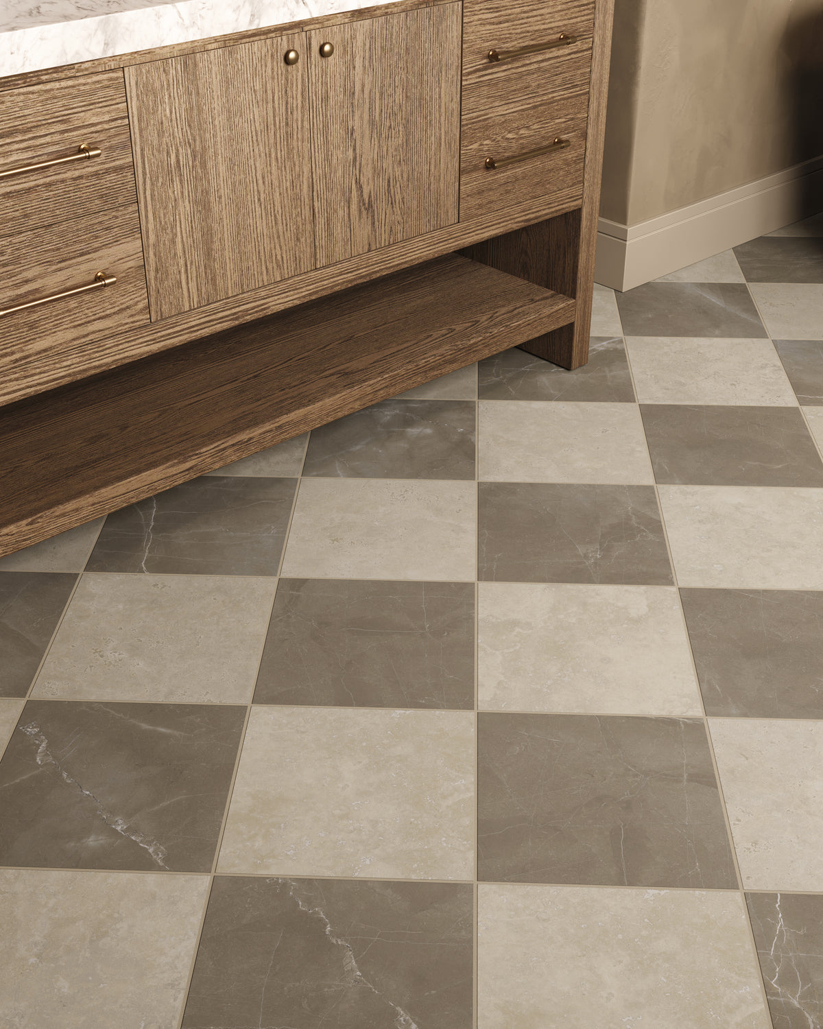 Leona 12 x 12 Checkerboard Matte Porcelain Tile in Marfil and Amani Bronze