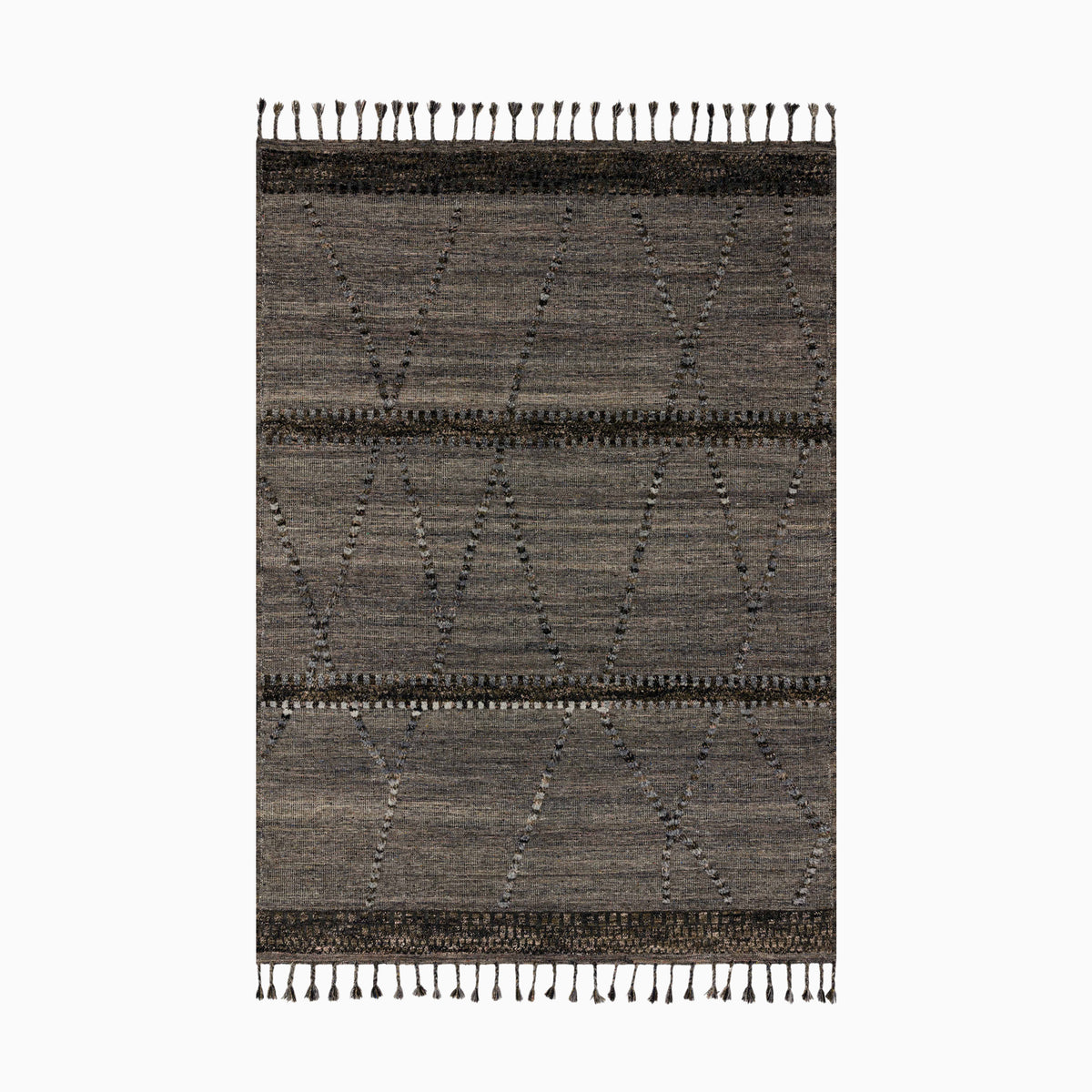 Hand-knotted rug in a wool, cotton, polyester, and rayon blend, featuring deep graphite and espresso tones with a linear pattern and tasseled edges for a sophisticated, contemporary look.