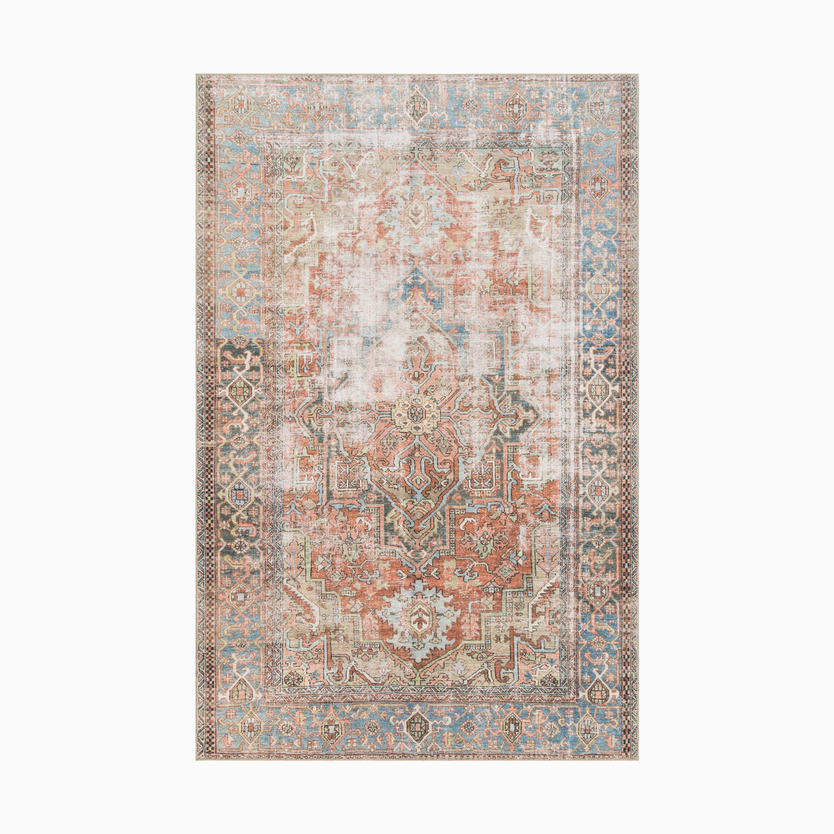 Durable power-loomed polyester face rug with a spice and cobalt blue palette, offering a timeless yet contemporary appeal for any space.