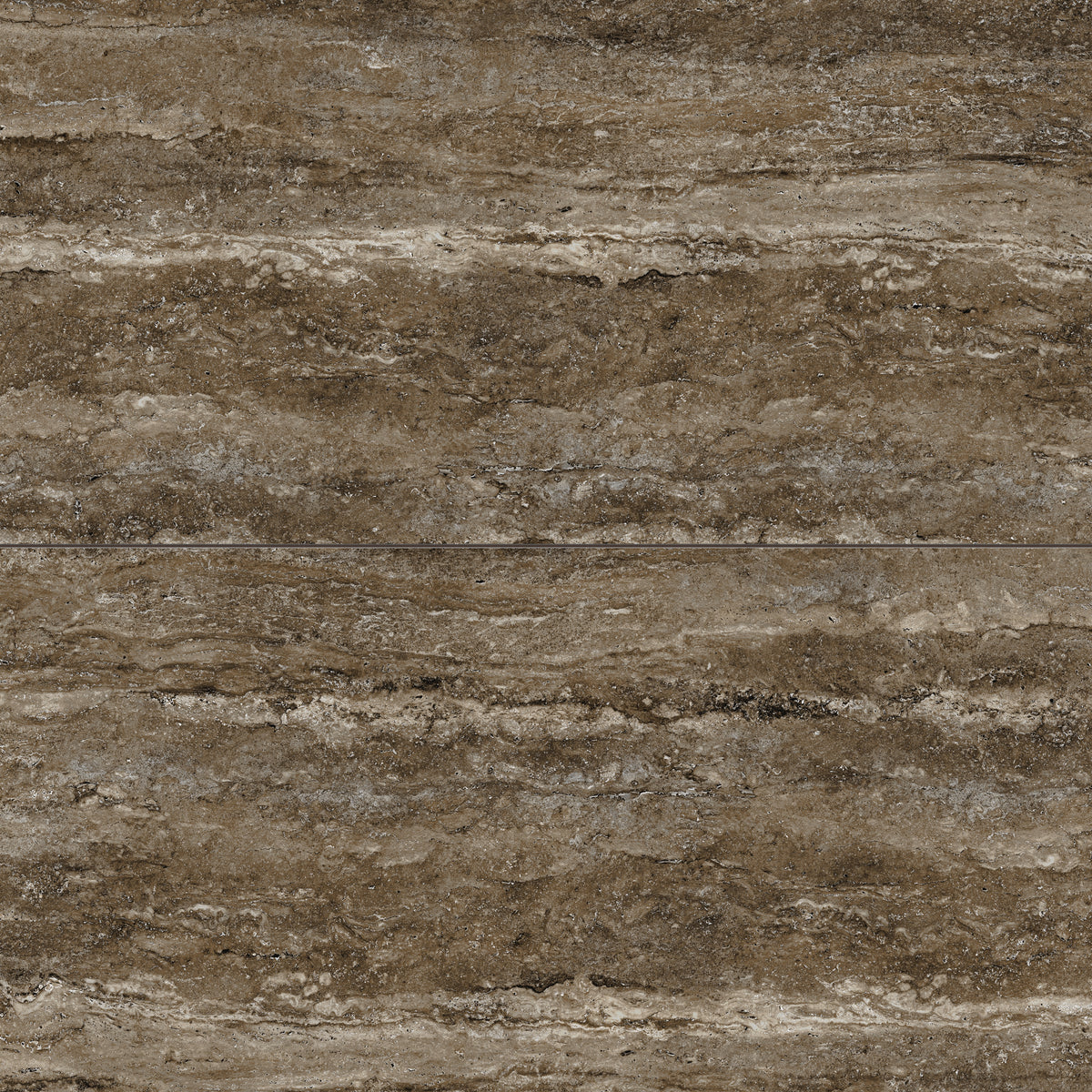 Dark taupe travertine-look porcelain 24x48 matte tile featuring deep tonal variation, soft linear veining, and an authentic stone look.