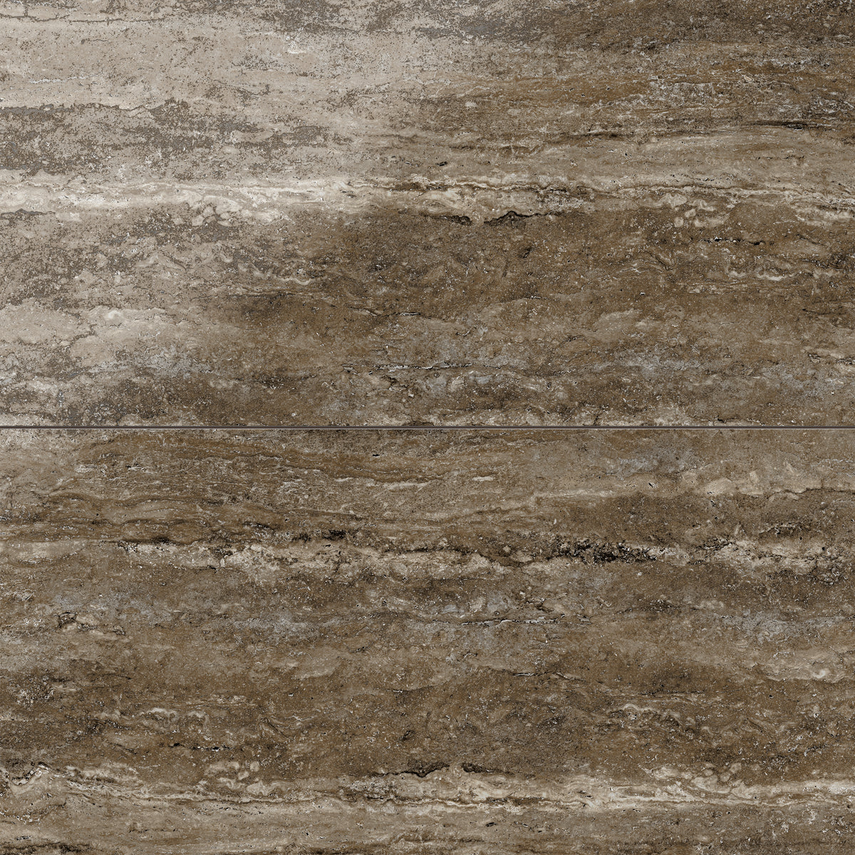 Dark taupe travertine-look porcelain 24x48 polished tile featuring deep tonal variation, soft linear veining, and a reflective surface.
