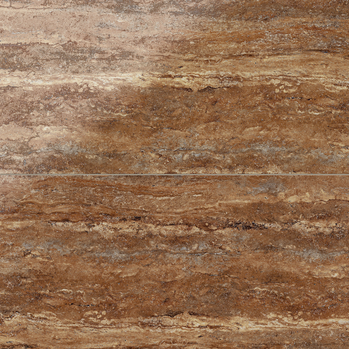 Brown travertine-look porcelain 24x48 polished tile with rich earthy tones, layered horizontal veining, and a glossy stone finish.