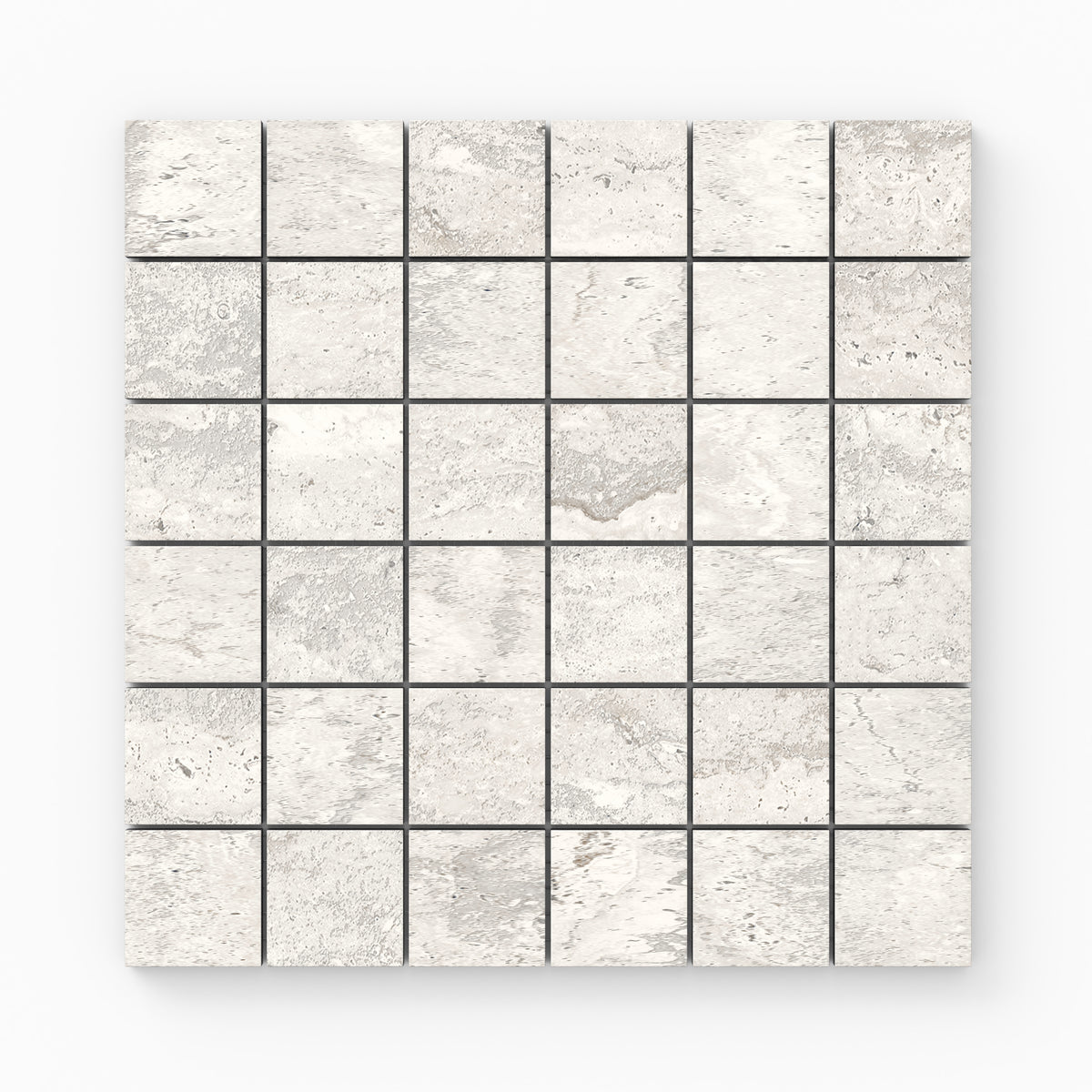 Light gray travertine-look porcelain 2x2 matte mosaic tile with delicate stone variation, soft veining, and a clean, timeless look.