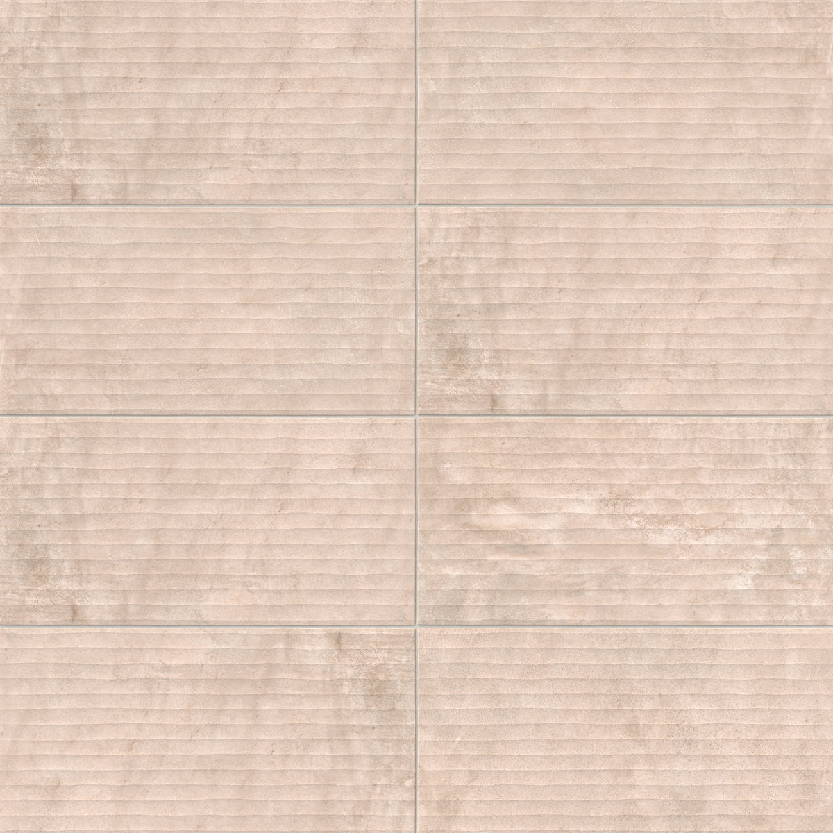 Rectangular porcelain tile with a fluted surface featuring linear grooves and a lightly textured finish, showcasing a warm light beige color with subtle tonal variation and natural shading.