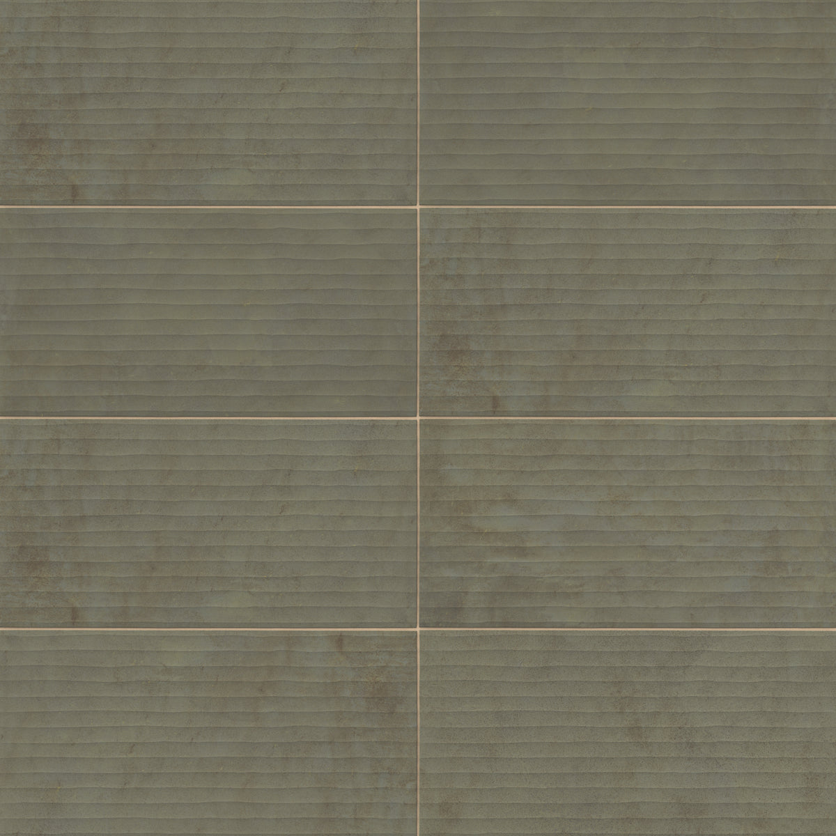 Rectangular porcelain tile with a fluted surface featuring linear grooves and a lightly textured finish, showcasing a muted olive green color with subtle tonal variation and natural shading.