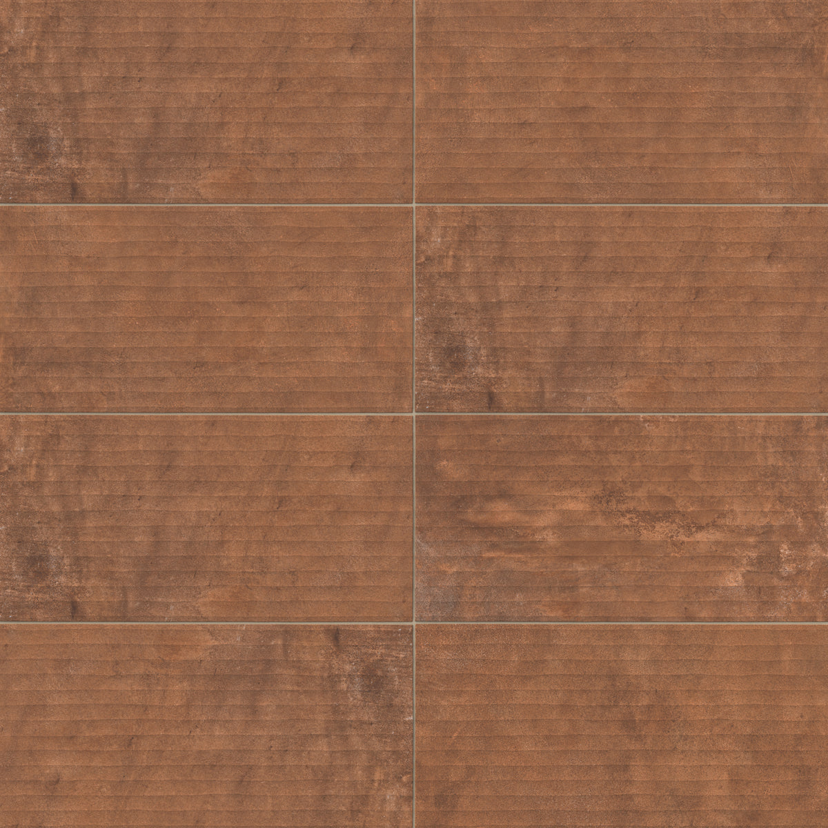 Rectangular porcelain tile with a fluted surface featuring linear grooves and a lightly textured finish, showcasing a warm medium brown color with subtle tonal variation and natural shading.