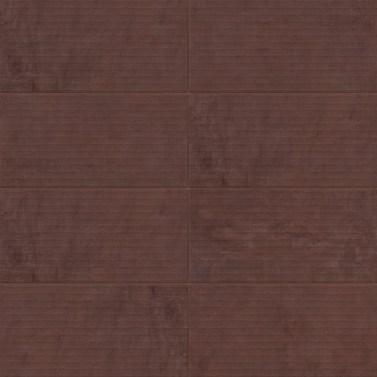 Rectangular porcelain tile with a fluted surface featuring linear grooves and a lightly textured finish, showcasing a deep reddish brown color with subtle tonal variation and natural shading.