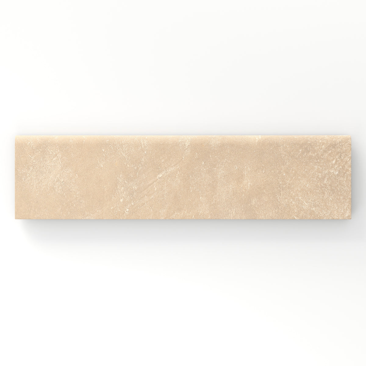 Rectangular bullnose porcelain tile in a matte finish with a smooth, lightly textured surface, featuring a warm medium beige color with subtle natural variation.