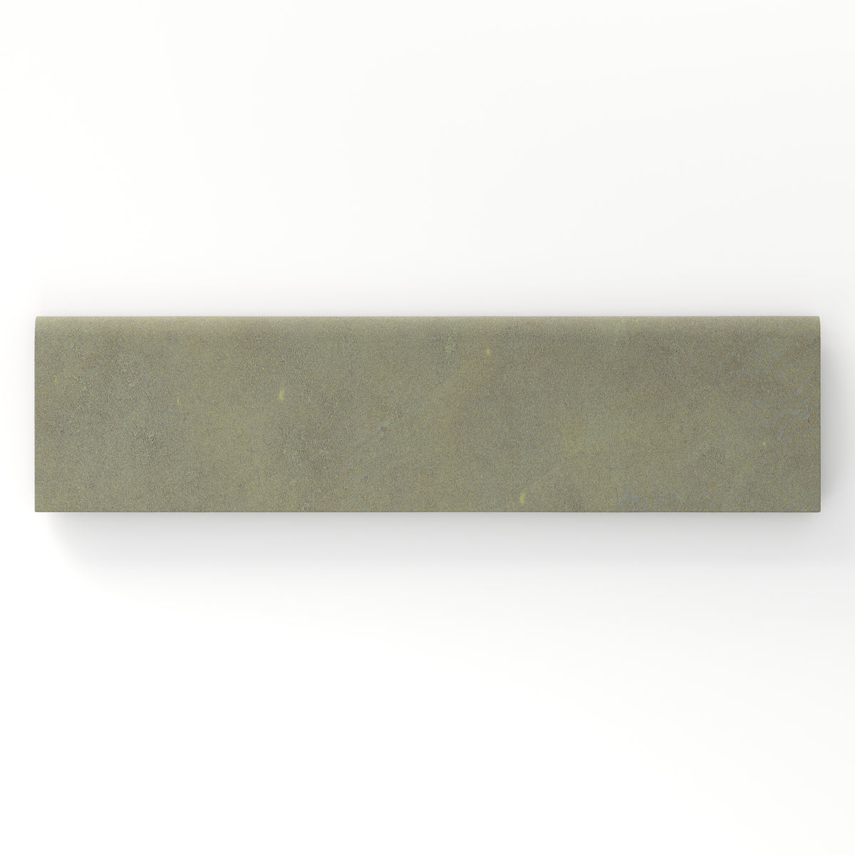 Rectangular bullnose porcelain tile in a matte finish with a smooth, lightly textured surface, featuring a muted olive green color with subtle natural variation.
