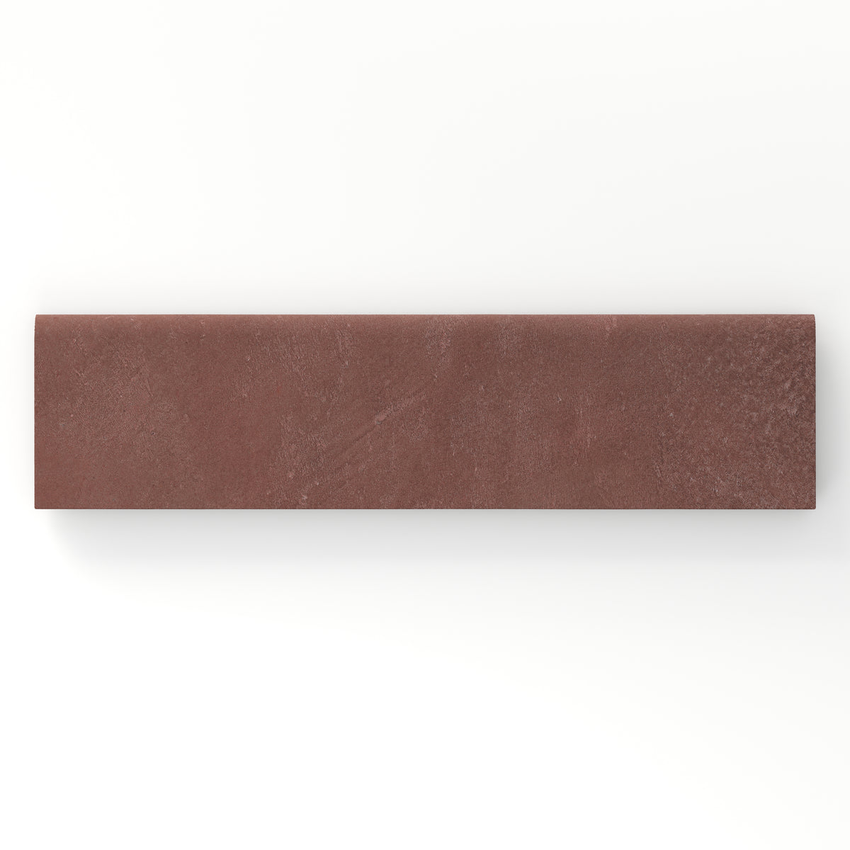 Rectangular bullnose porcelain tile in a matte finish with a smooth, lightly textured surface, featuring a deep reddish brown color with subtle natural variation.