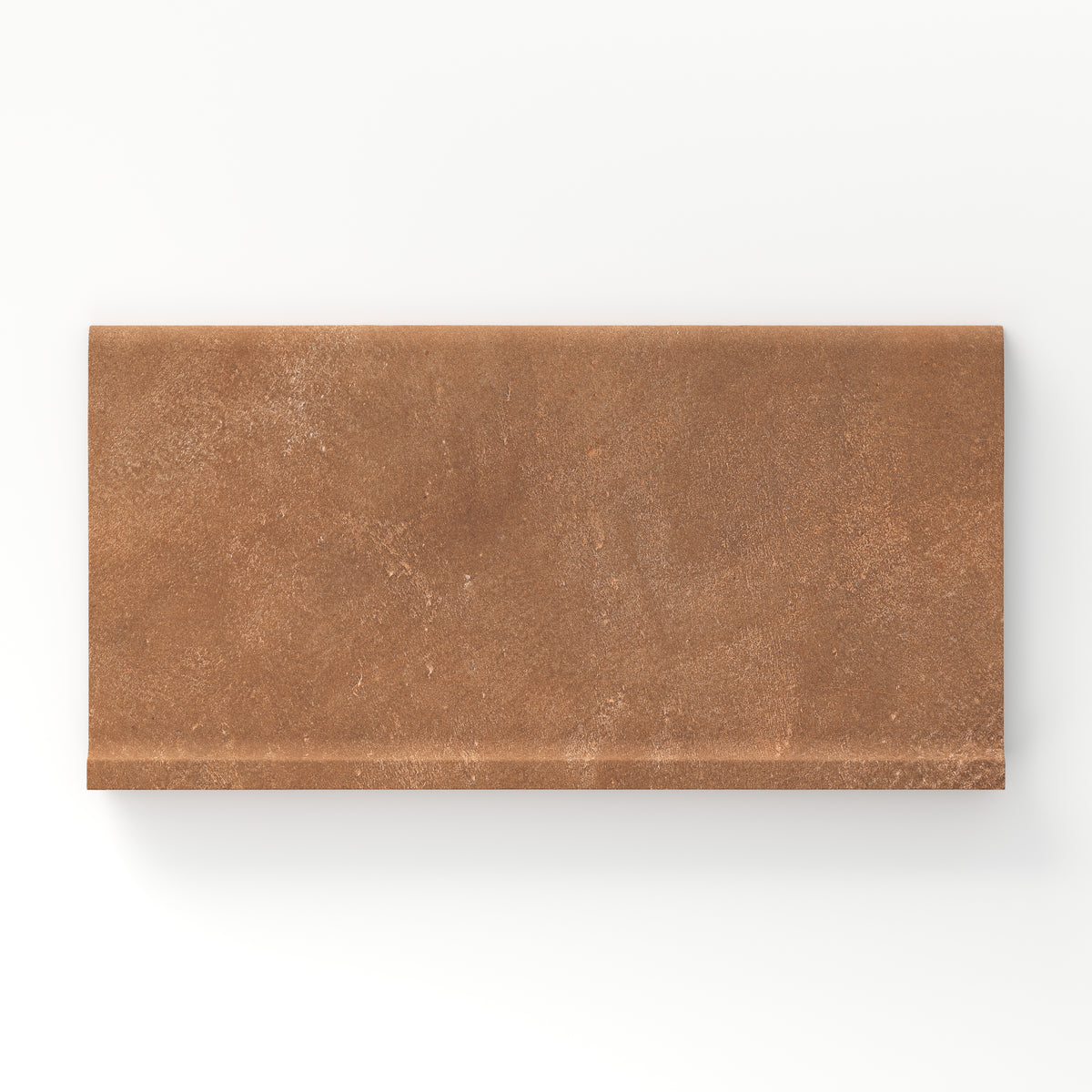 Rectangular porcelain cove base tile in a matte finish with a smooth, lightly textured surface, featuring a warm medium brown color with subtle earthy variation.
