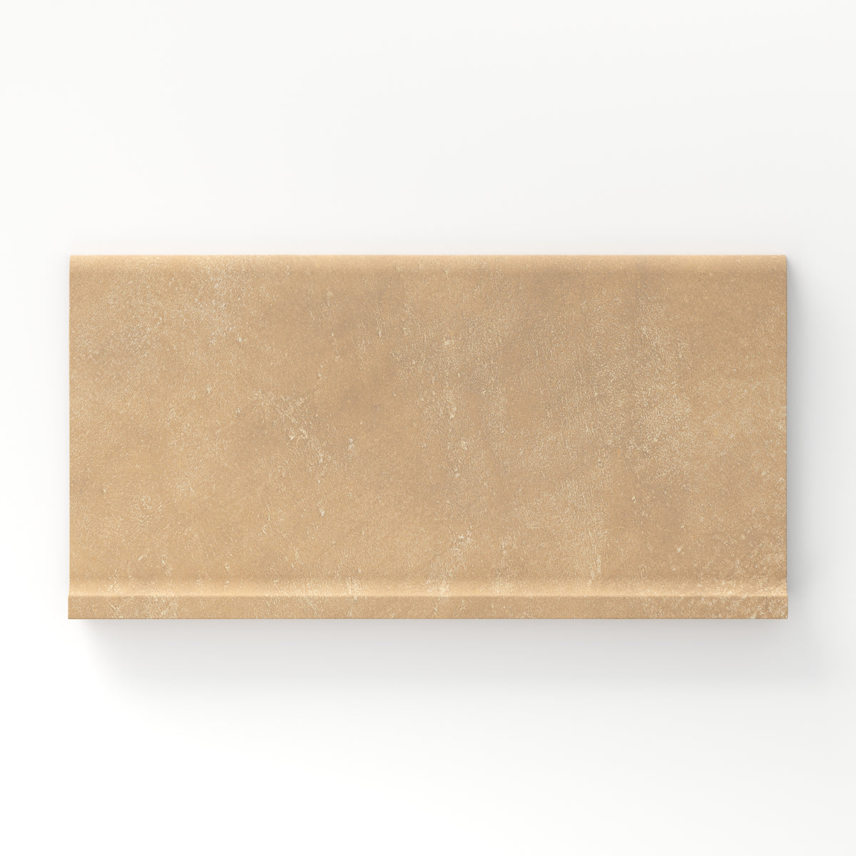 Rectangular porcelain cove base tile in a matte finish with a smooth, lightly textured surface, featuring a warm sandy beige color and a subtle handcrafted look.