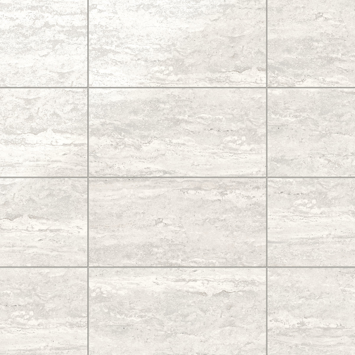 Light gray travertine-look porcelain 12x24 polished tile with subtle linear veining, gentle texture, and a bright stone-inspired sheen.