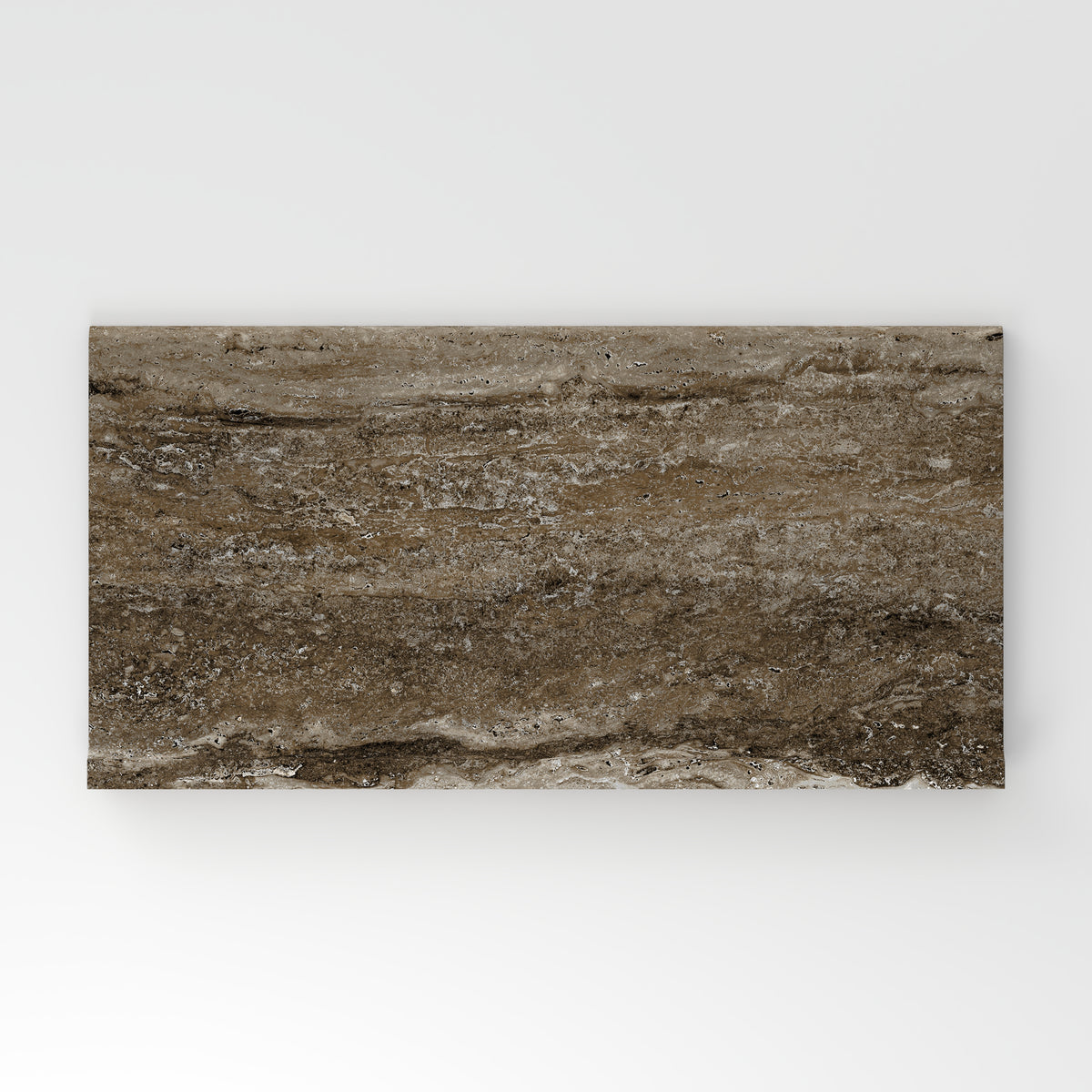 Dark taupe travertine-look porcelain 6x12 cove base tile featuring deep tonal variation, horizontal veining, and a natural stone look.