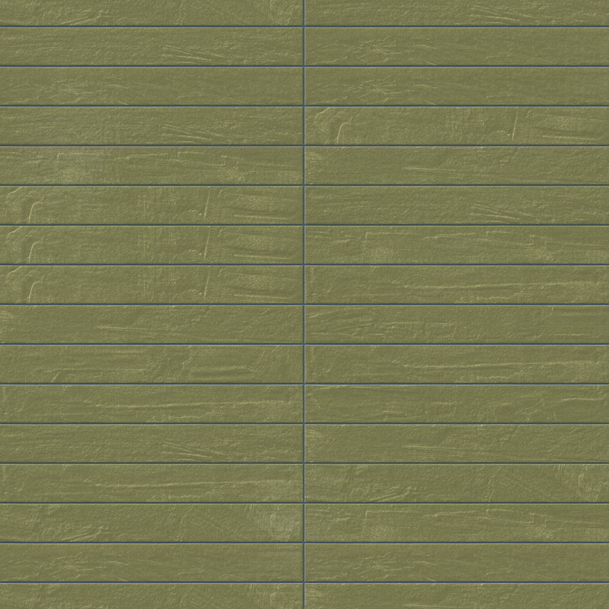 Soft tonal variation moves across these earthy green glossy porcelain tiles, highlighting the clean proportions of the 3x24 format and subtle surface detailing.