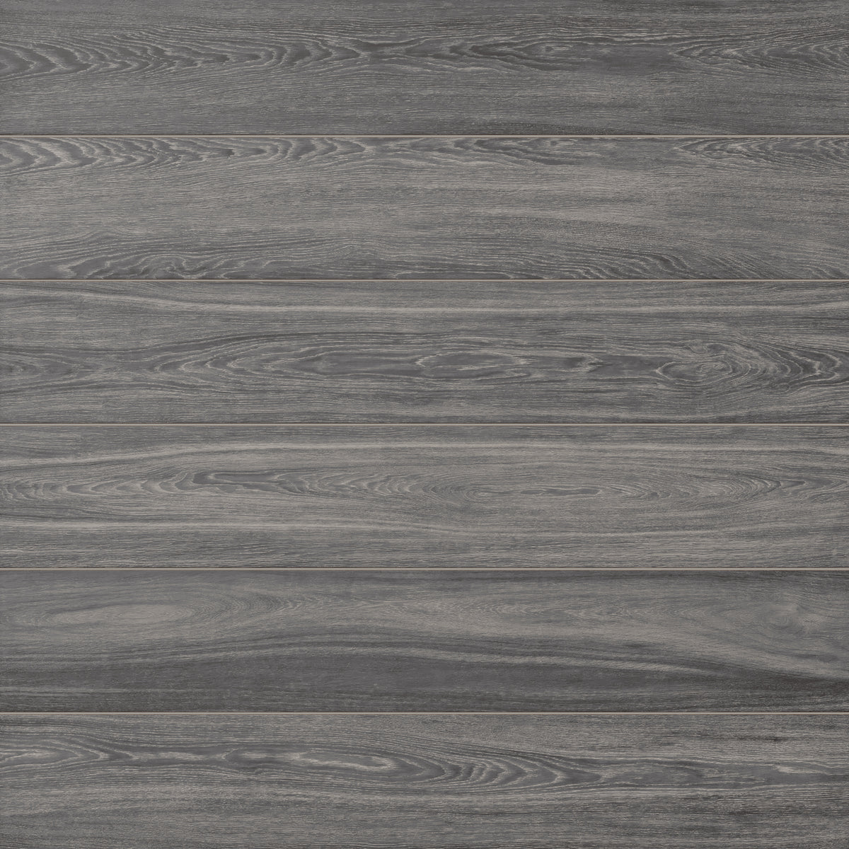 Dark gray wood look porcelain tile in a matte plank format with soft grain and warm rustic variation.