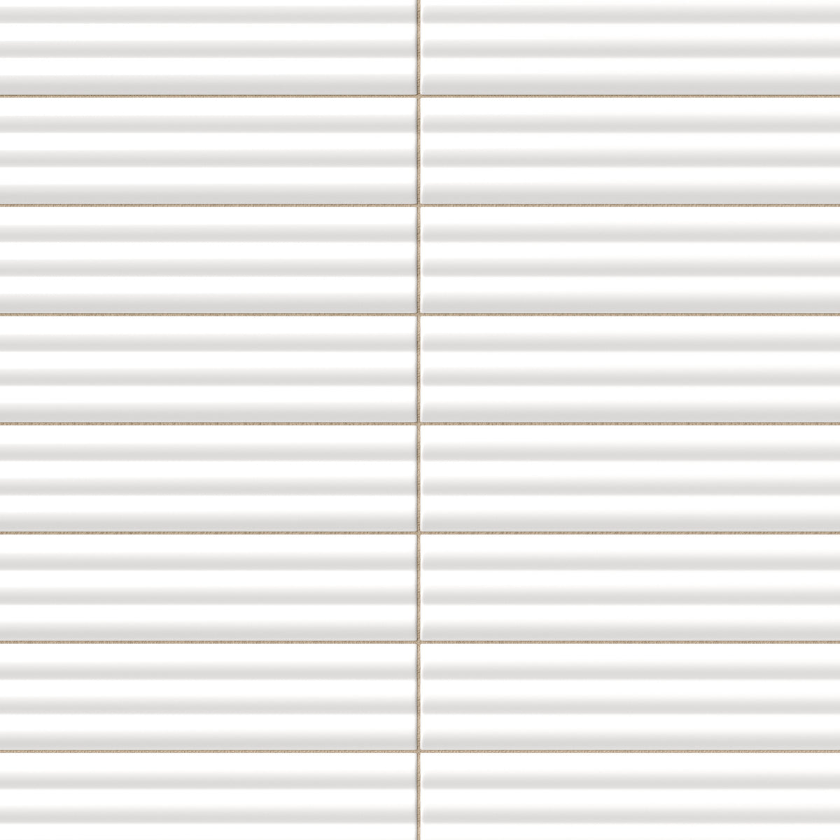 Reeded rectangular tile in a crisp chalk white tone with a matte finish, fine rounded horizontal grooves, soft shadowing, and a clean stacked layout.