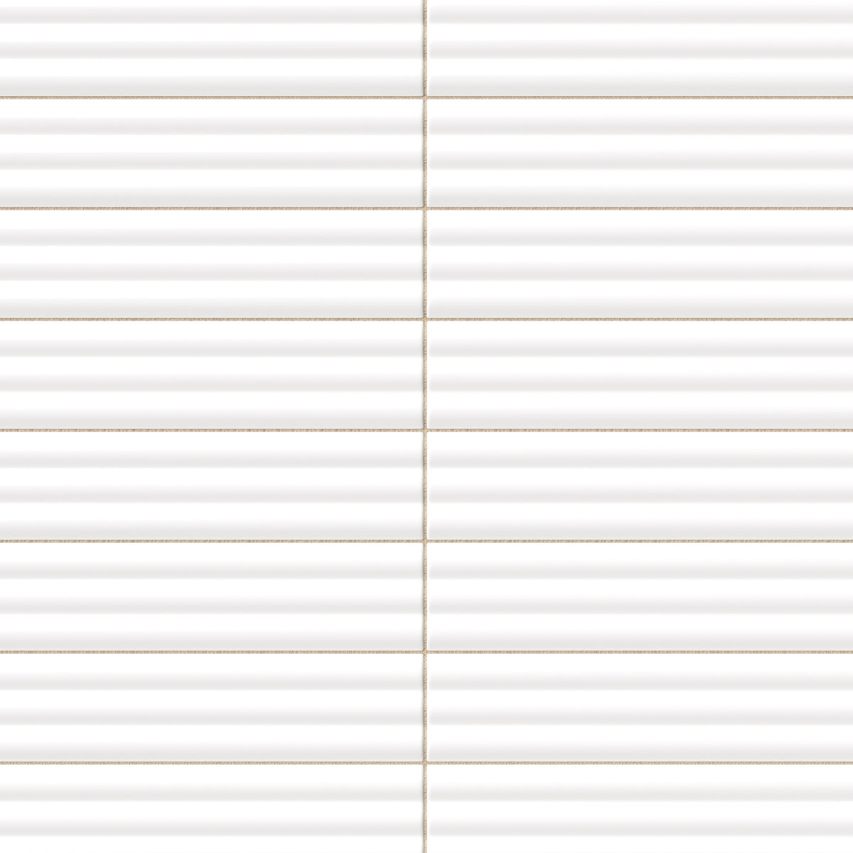 Reeded rectangular tile in a bright chalk white tone with a glossy finish, fine horizontal ridges, reflective glaze highlights, and crisp stacked grout lines.