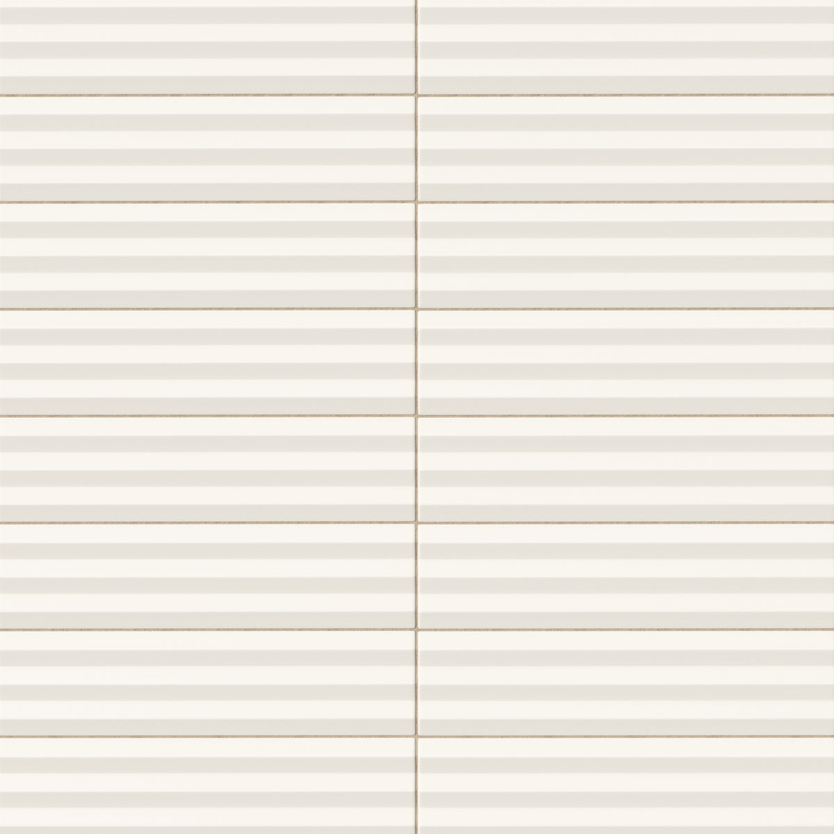 Ridged rectangular tile in a creamy ivory white tone with a matte finish, crisp horizontal banding, squared grout lines, and a clean architectural look.