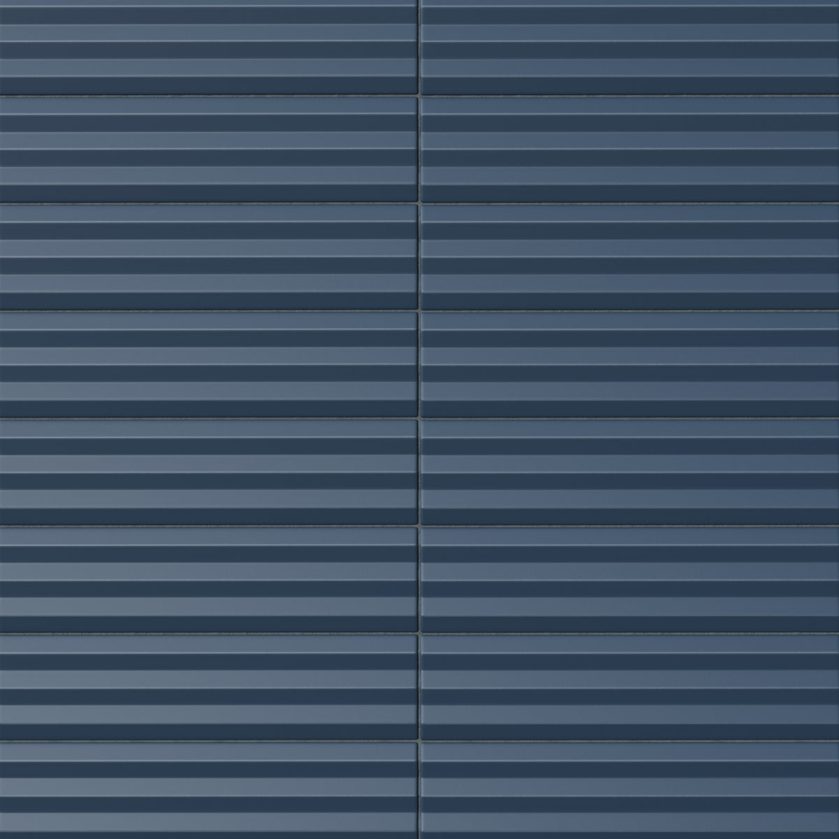 Ridged rectangular tile in a deep midnight blue tone with a matte finish, horizontal channel detailing, muted surface depth, and a refined architectural profile.