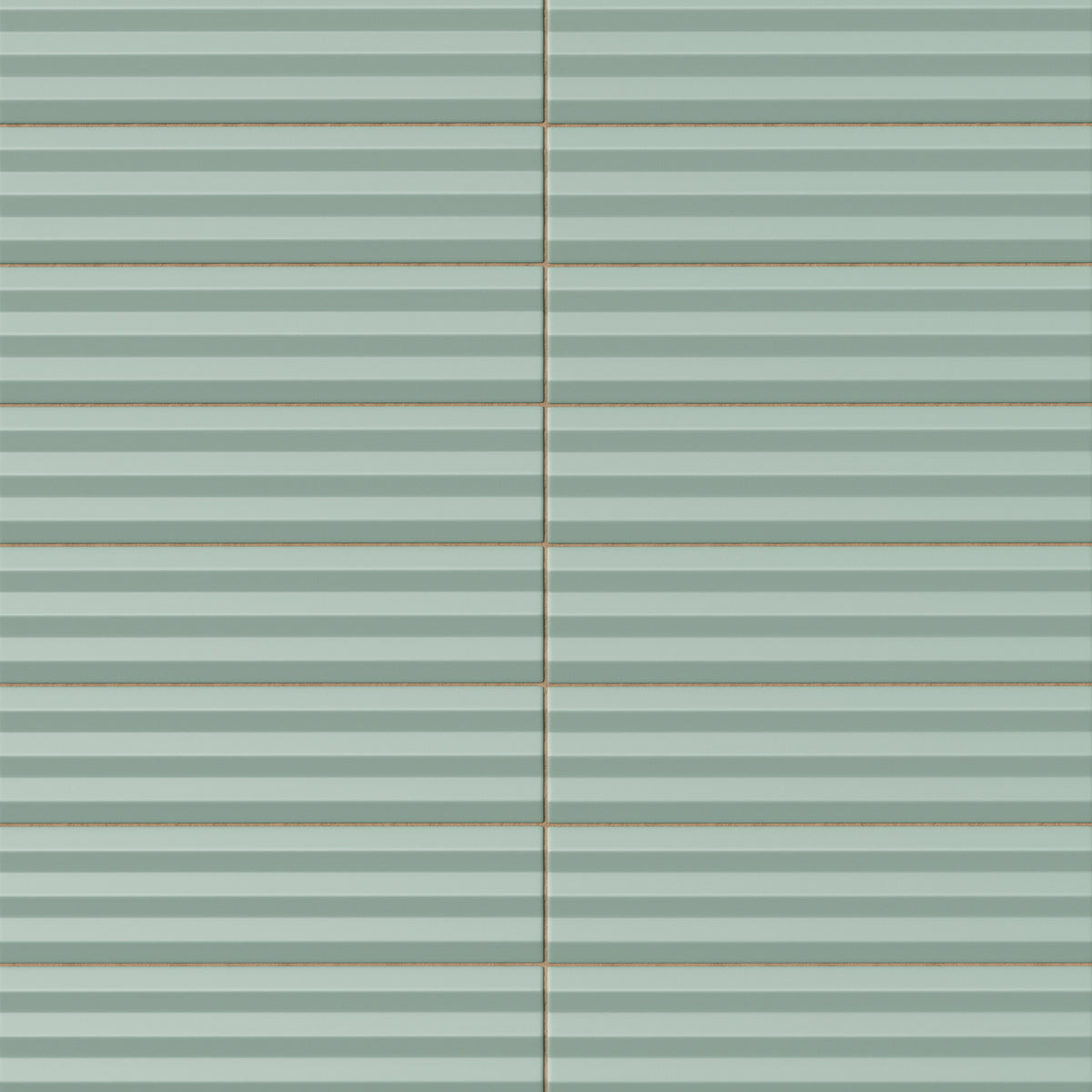Ridged rectangular tile in a muted sage green tone with a matte finish, soft horizontal ribbing, subtle tonal variation, and a calm handcrafted appearance.