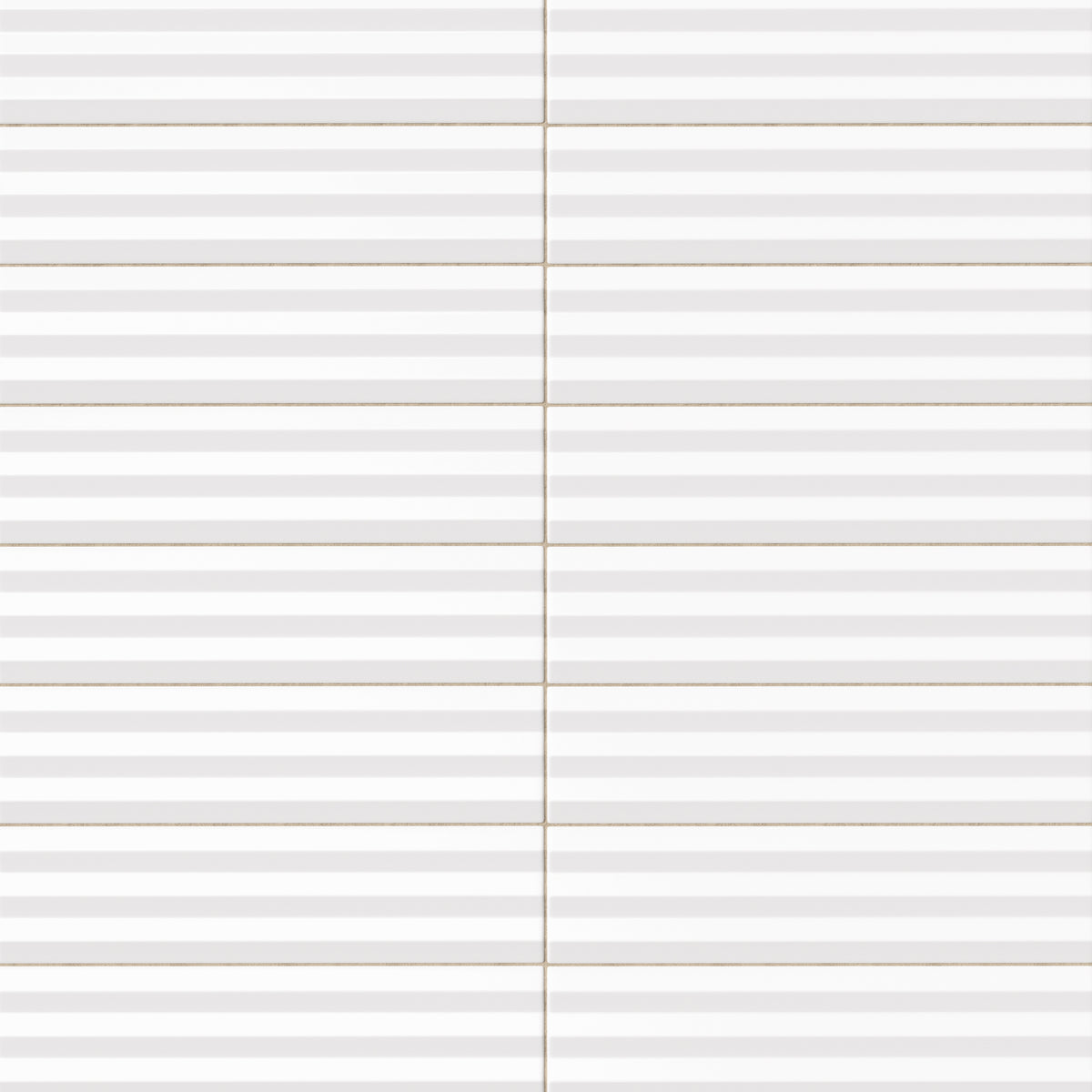 Ridged rectangular tile in a bright chalk white tone with a glossy finish, horizontal raised-strip design, smooth reflective surface, and crisp grout definition.