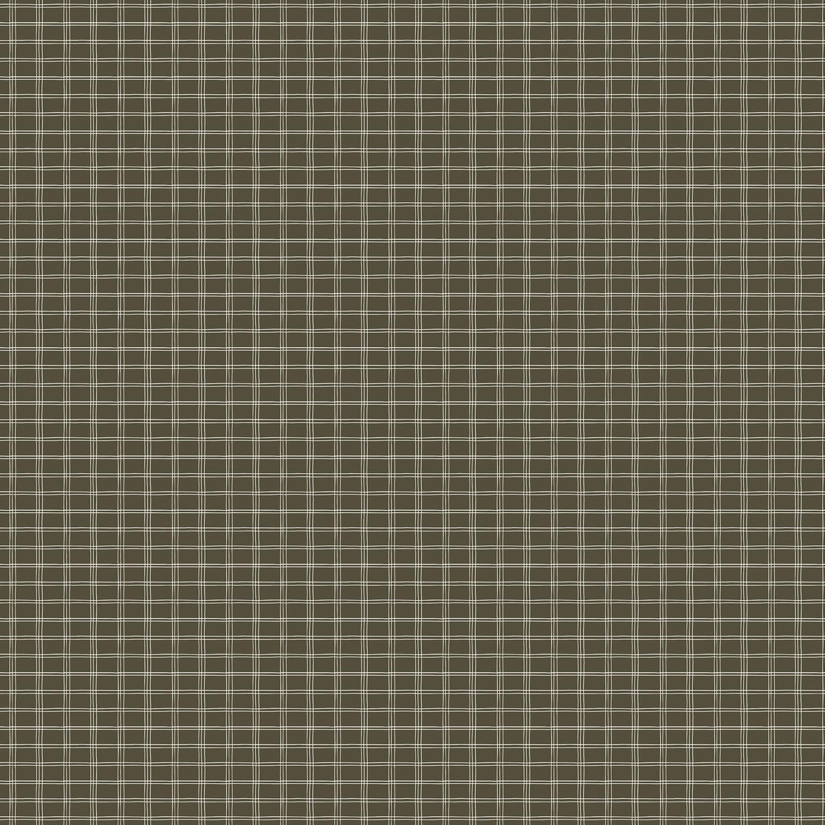 Dark green plaid wallpaper with off-white intersecting lines creating a subtle classic grid pattern.