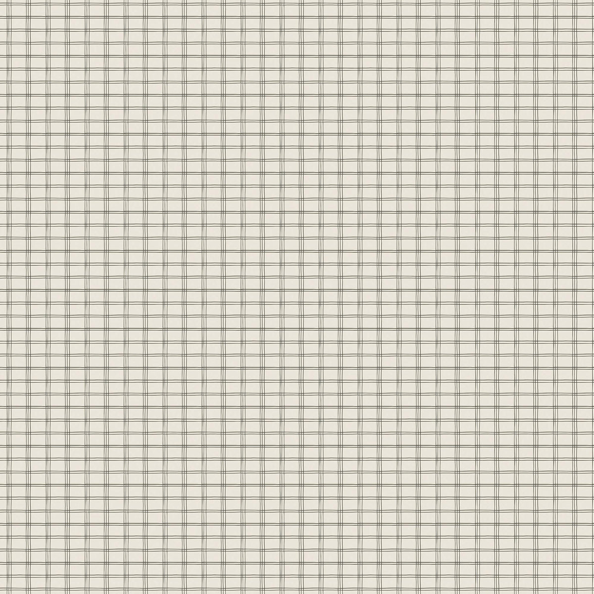 Off-white plaid wallpaper with dark green intersecting lines creating a subtle classic grid pattern.