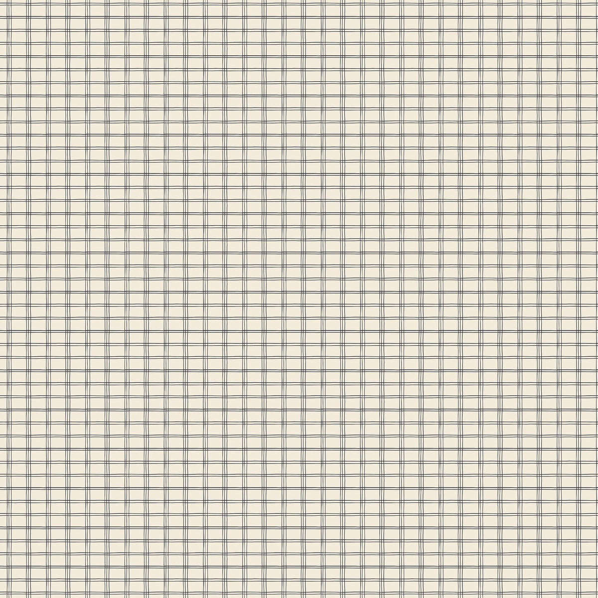 Off-white plaid wallpaper with black intersecting lines creating a subtle classic grid pattern.