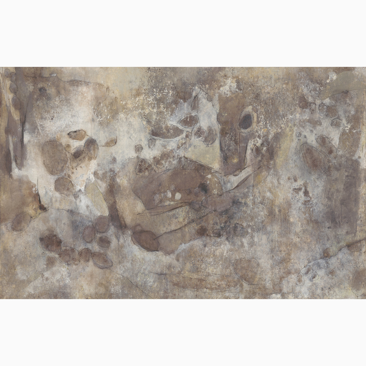 Skyveil Mural in Mistfall II featuring layered washes of light beige and rusty brown tones that create an abstract plaster-like design with organic textures and soft, weathered depth.