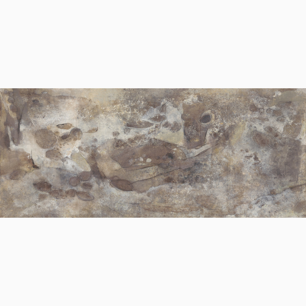 Skyveil Mural in Mistfall II featuring layered washes of light beige and rusty brown tones that create an abstract plaster-like design with organic textures and weathered depth.