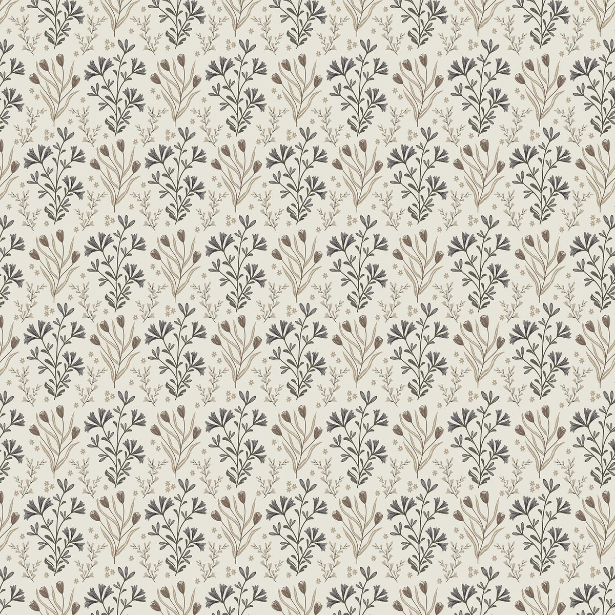 Botanical floral wallpaper with delicate hand-drawn leaves and wildflowers in bluish gray, beige, and soft brown tones set against an off-white field.