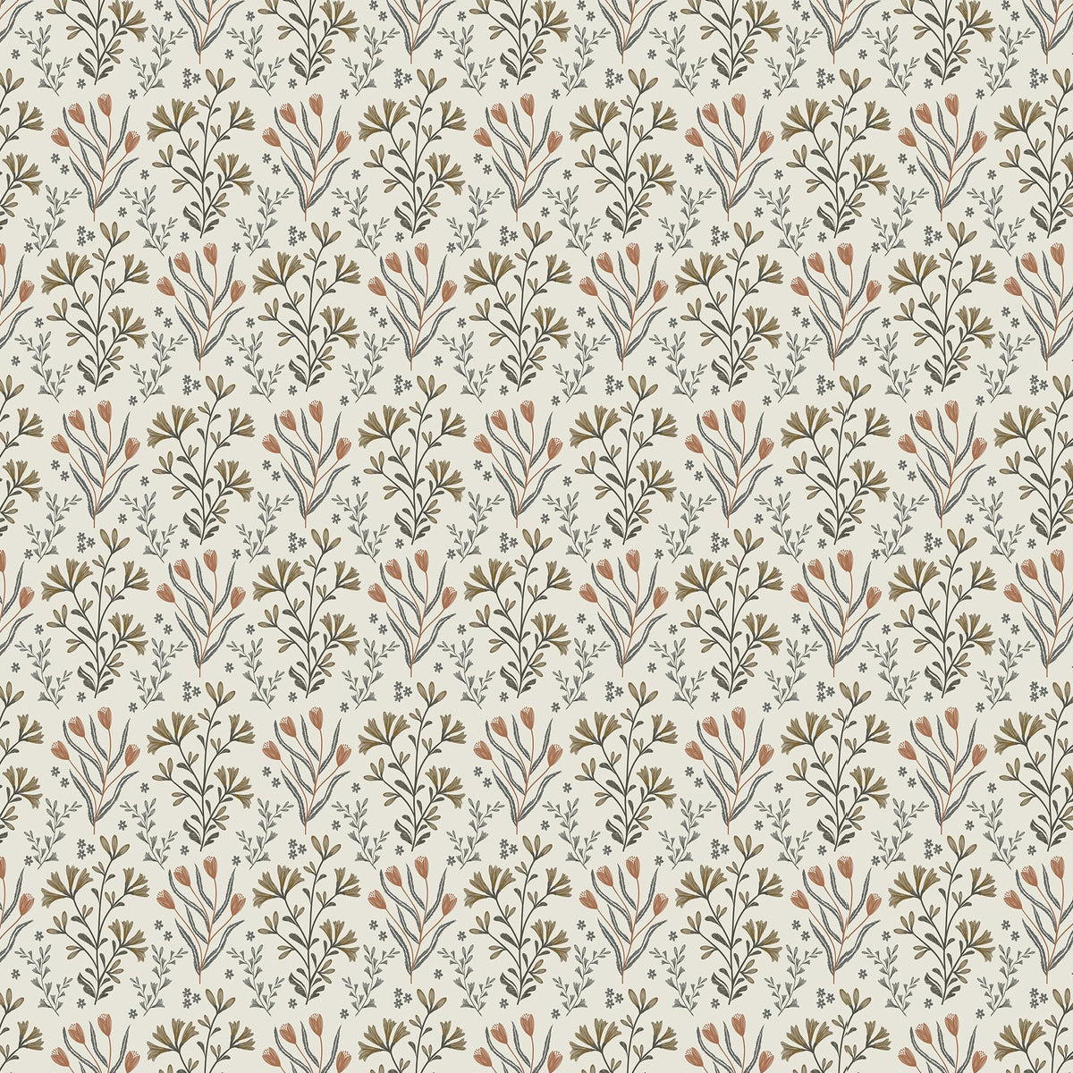 Botanical floral wallpaper with delicate hand-drawn leaves and wildflowers in soft gray, olive green, and rich brown tones set against an off-white field.