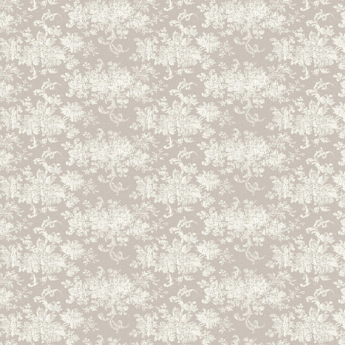 Brocade Wallpaper in Grey I featuring a white damask floral motif over a matte light gray background with softly distressed detailing for a classic, woven-inspired look.