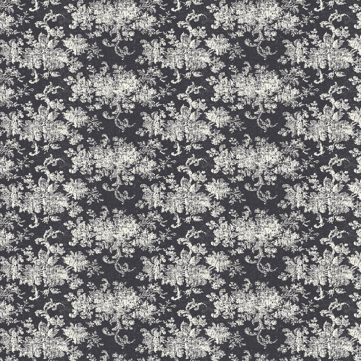 Brocade Wallpaper in Black I featuring a white damask floral motif layered over a matte black canvas with softly distressed detailing inspired by traditional woven patterns.
