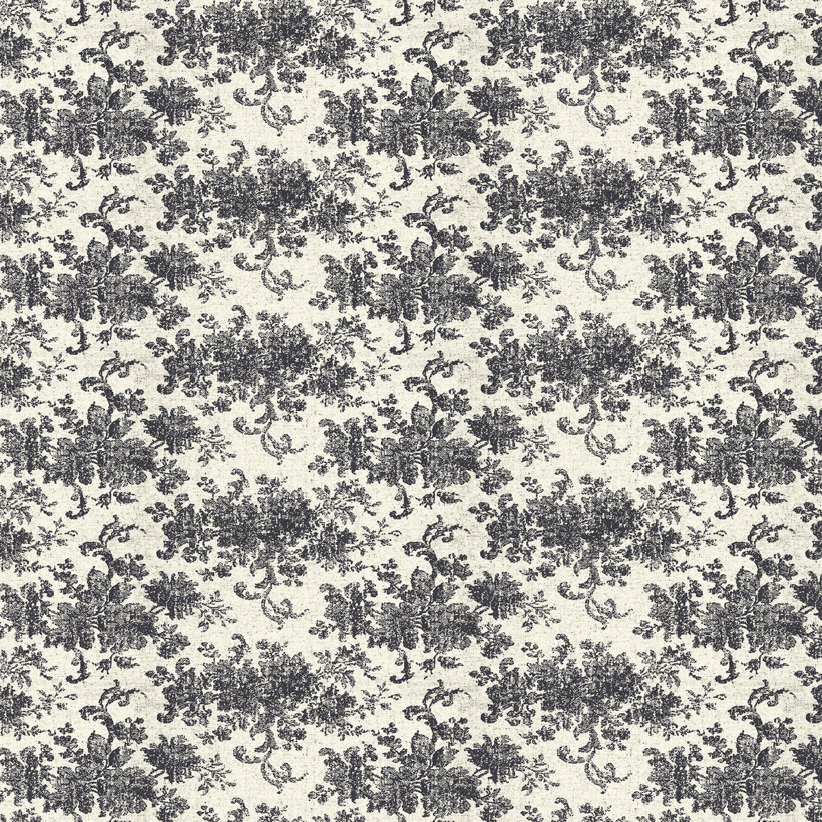Brocade Wallpaper in Black II featuring a black damask floral motif layered over a matte off-white canvas with softly distressed detailing inspired by traditional woven patterns.