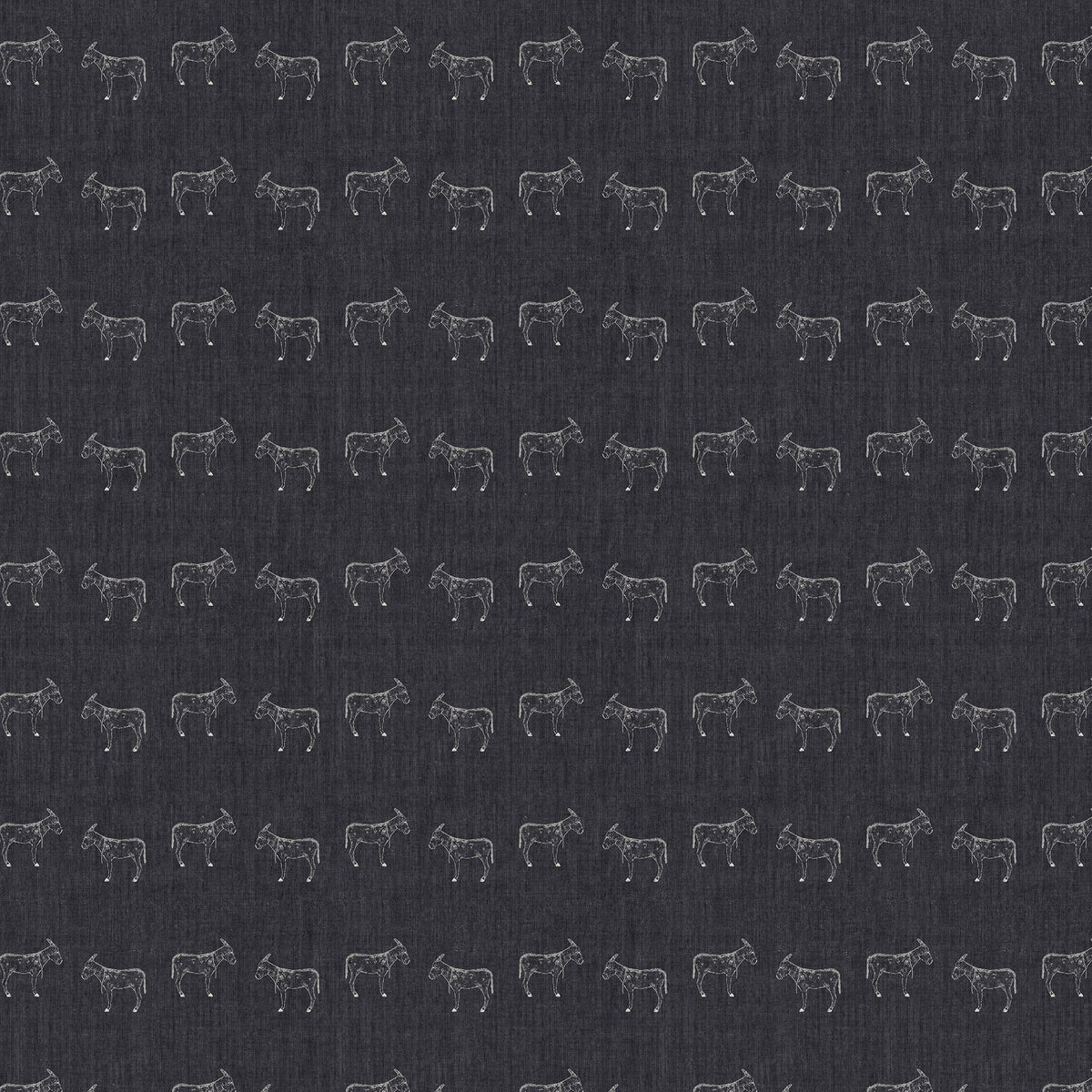 Porter wallpaper in Charcoal I, 52x132, with hand-sketched white donkey motifs repeating across a woven-like black background, best for rustic ranch and western-inspired rooms.