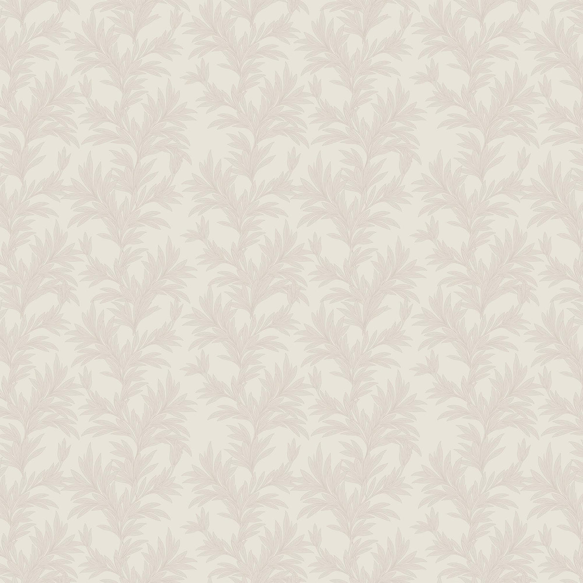 Off-white botanical wallpaper with repeating leafy branch pattern in light gray tones.