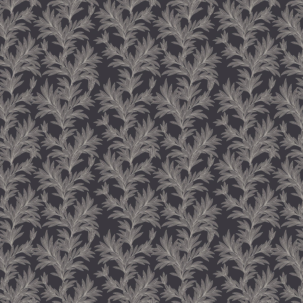 Black botanical wallpaper with repeating leafy branch pattern in off-white tones.